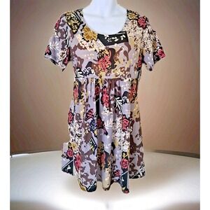 R&B Collection Babydoll Mini Dress XL Multicolor Floral Brush Knit Short Sleeve